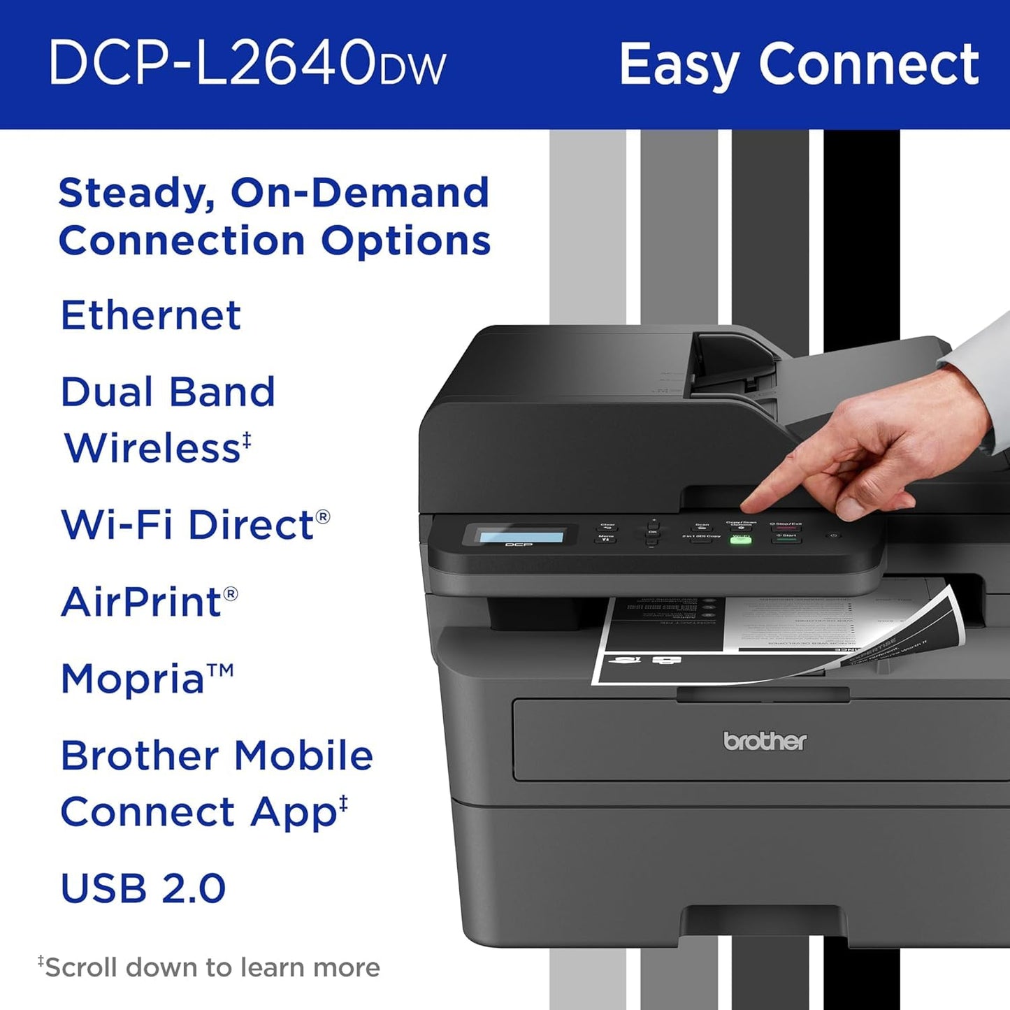 Brother DCP-L26 Series Wireless Monochrome 3-in-1 Laser Printer, 36 ppm in Black, 250 Sheets, Mobile Printing, Automatic Two-Sided Printing, Refresh Subscription Trial, Gray, with MTC Printer Cable