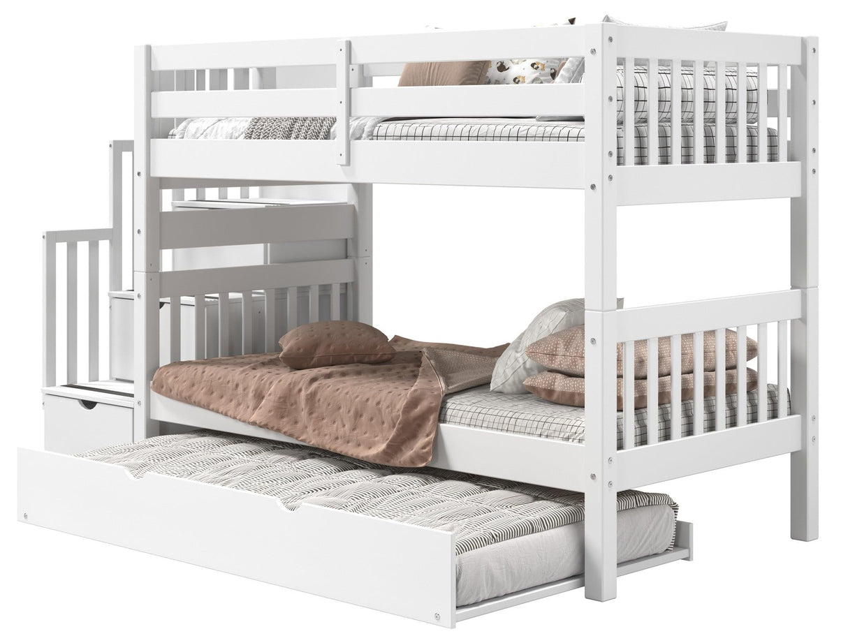 Bedz King Stairway Bunk Beds Twin over Twin with 3 Drawers in the Steps and a Twin Trundle, White Bedz King