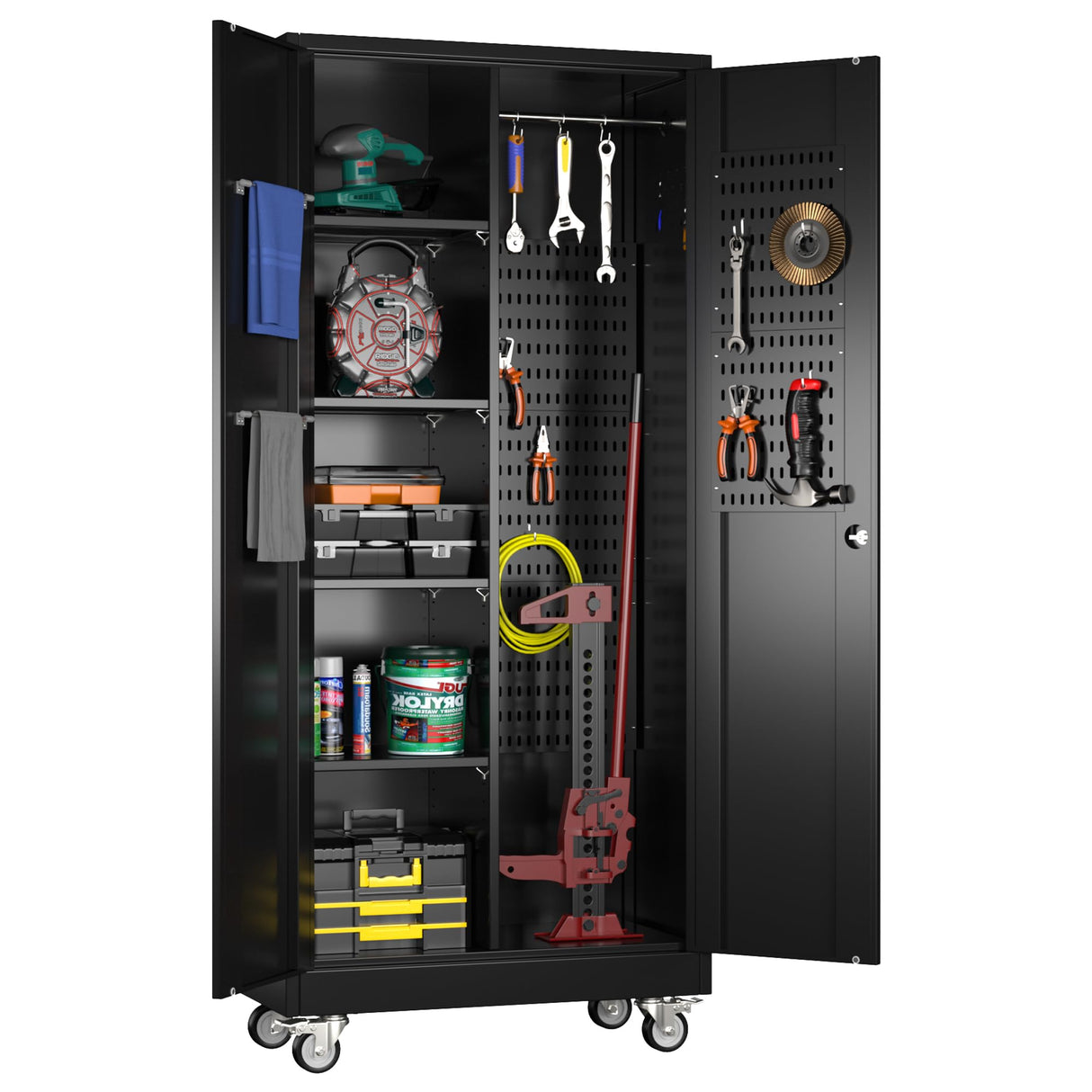 Broom Closet Storage Cabinet with Wheels and Pegboard,Garage Storage Cabinet with Lockable and Magnetic Doors,Adjustable Shelves for Garage Home Office,Required Assembly,17.7"D*33.5"W*70.87"H Reemoon