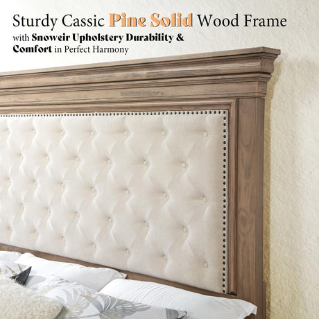 AMERLIFE 68.1" H King Size Bed Frame with Upholstered Headboard, Solid Wood Farmhouse Platform Bed, Architectural Design, No Box Spring Needed, Light Oak AMERLIFE