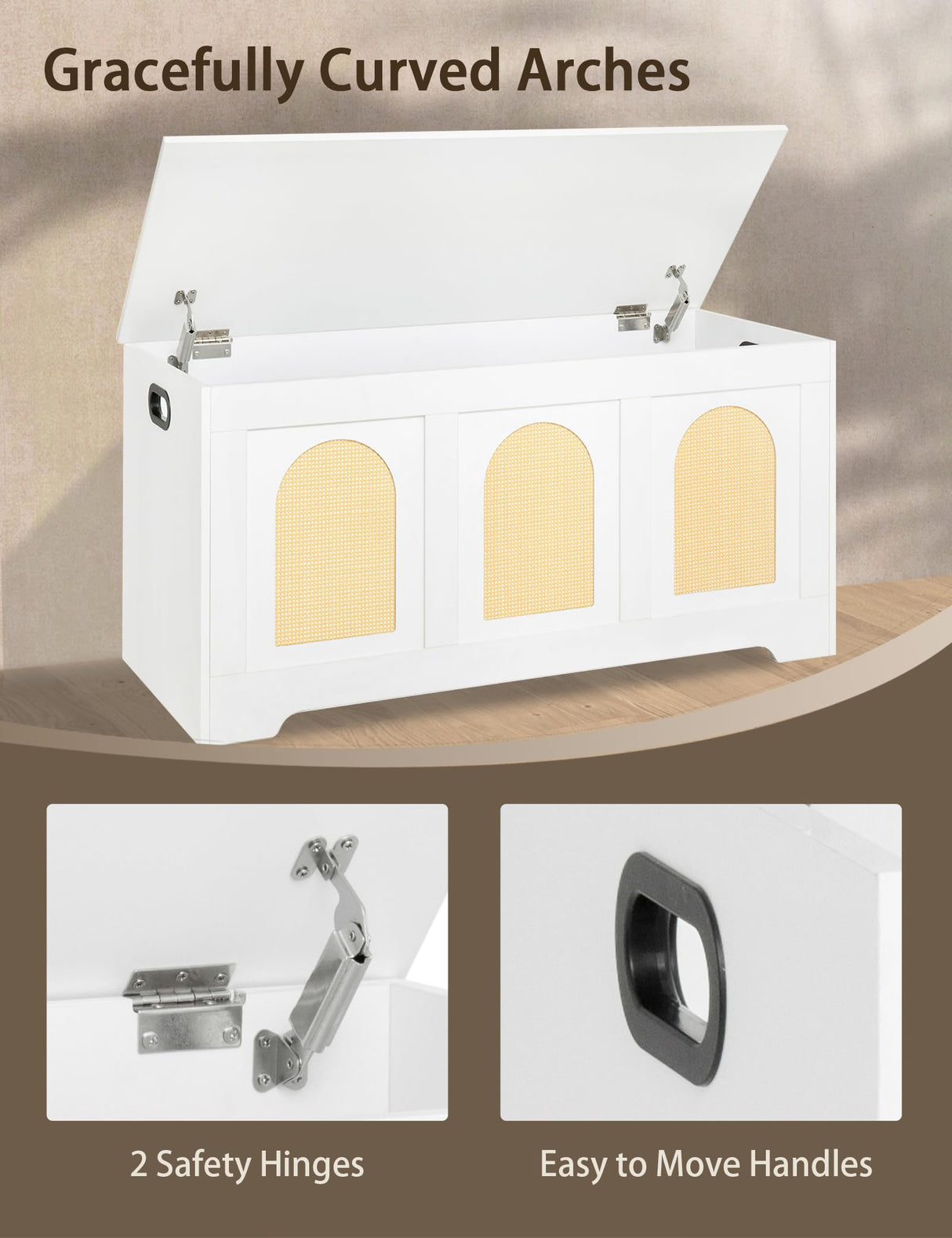 DINZI LVJ Storage Chest, 39.4" Rattan-Like Storage Box with 2 Safety Hinges, Wooden Entryway Shoe Bench with Flip-Top, Trunk for Living Room, Bedroom, Easy Assembly, White and Natural DINZI LVJ