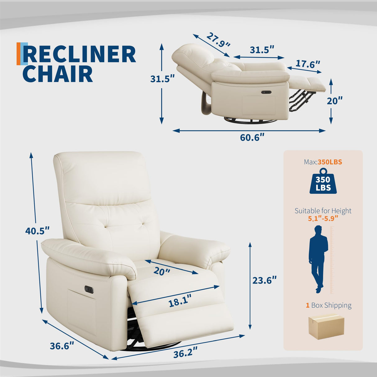Power Recliner Chair for Adults, PU Leather Swivel Rocker Recliner with Padded Armrests & Side Pocket, Modern Upholstered Reclining Glider Chair for Living Room or Nursery (White) IDEALHOUSE