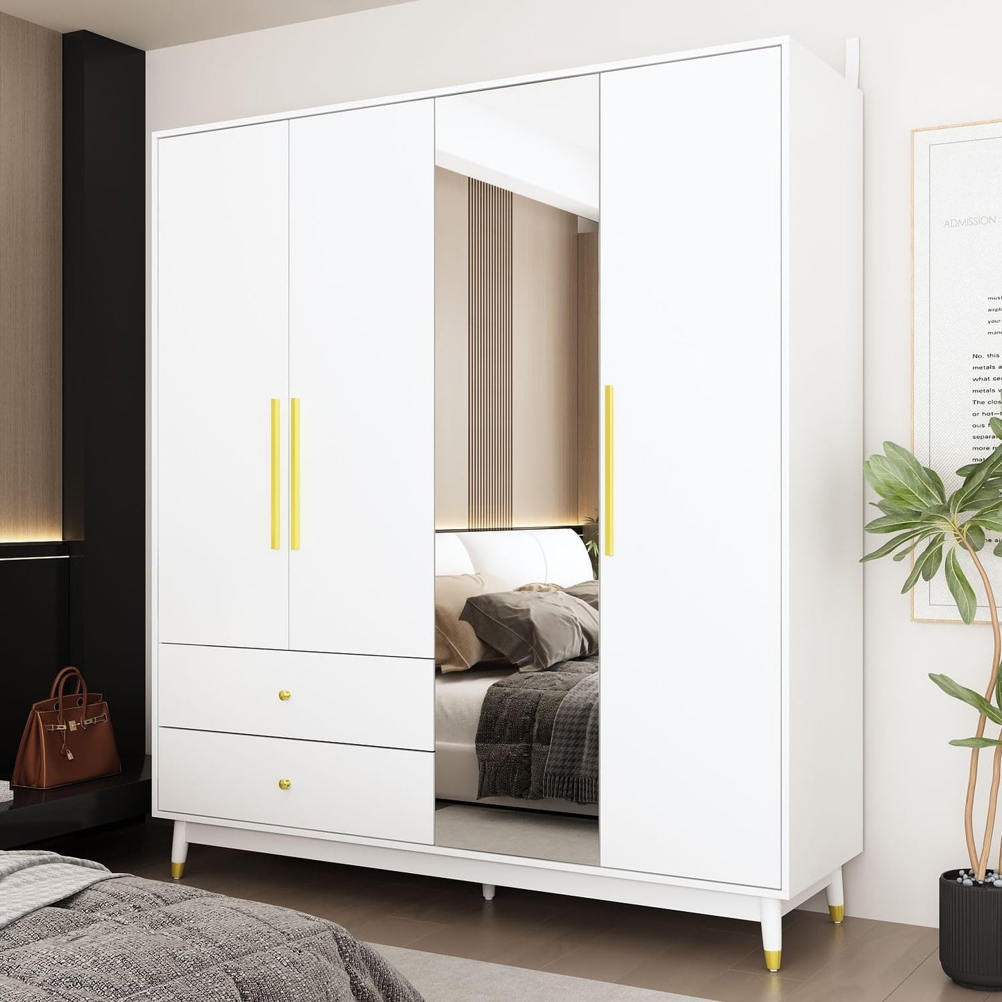 MOUMON 4-Door Wardrobe with Mirror & 2 Drawers, Armoire Wardrobe Closet with 2 Hanging Rods, Armoire Closet with Wooden Legs, Closet for Bedroom White (63”W x 18.9”D x 70.9”H) - WoodArtSupply