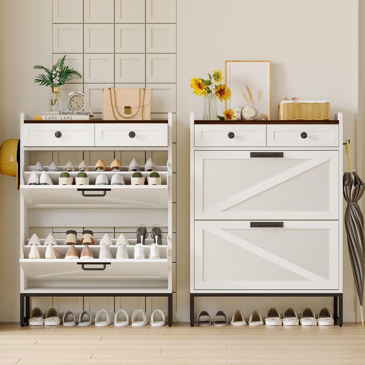 YGEOMER Shoe Cabinet Storage for Entryway, Farmhouse Shoes Organizer Rack with 2 Flip Drawers and 2 Fabric Drawers, Narrow Slim Shoe Cabinet for Door Entrance, White YGEOMER