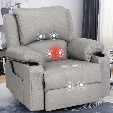 Swivel Recliner Chairs with Massage and Heat, Overstuffed Leather Rocker Recliner Chair for Adults, Manual Oversized Rocking Single Sofa Recliners with Cup Holders for Living Room,Grey KCREAM