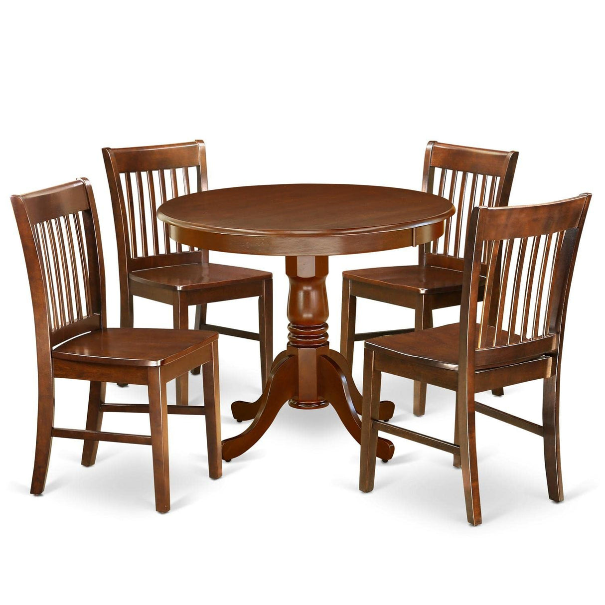 East West Furniture ANNO5-MAH-W 5 Piece Dining Set Includes a Round Dining Room Table with Pedestal and 4 Wood Seat Chairs, 36x36 Inch, Mahogany East West Furniture