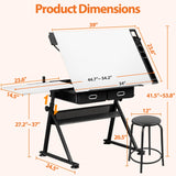 SUPER DEAL Adjustable Drafting Table Set with Charging Station, Tilting Drawing Desk Artist Desk with Stool Multifunctional Art Craft Workstation with 2 Storage Drawers, White SUPER DEAL