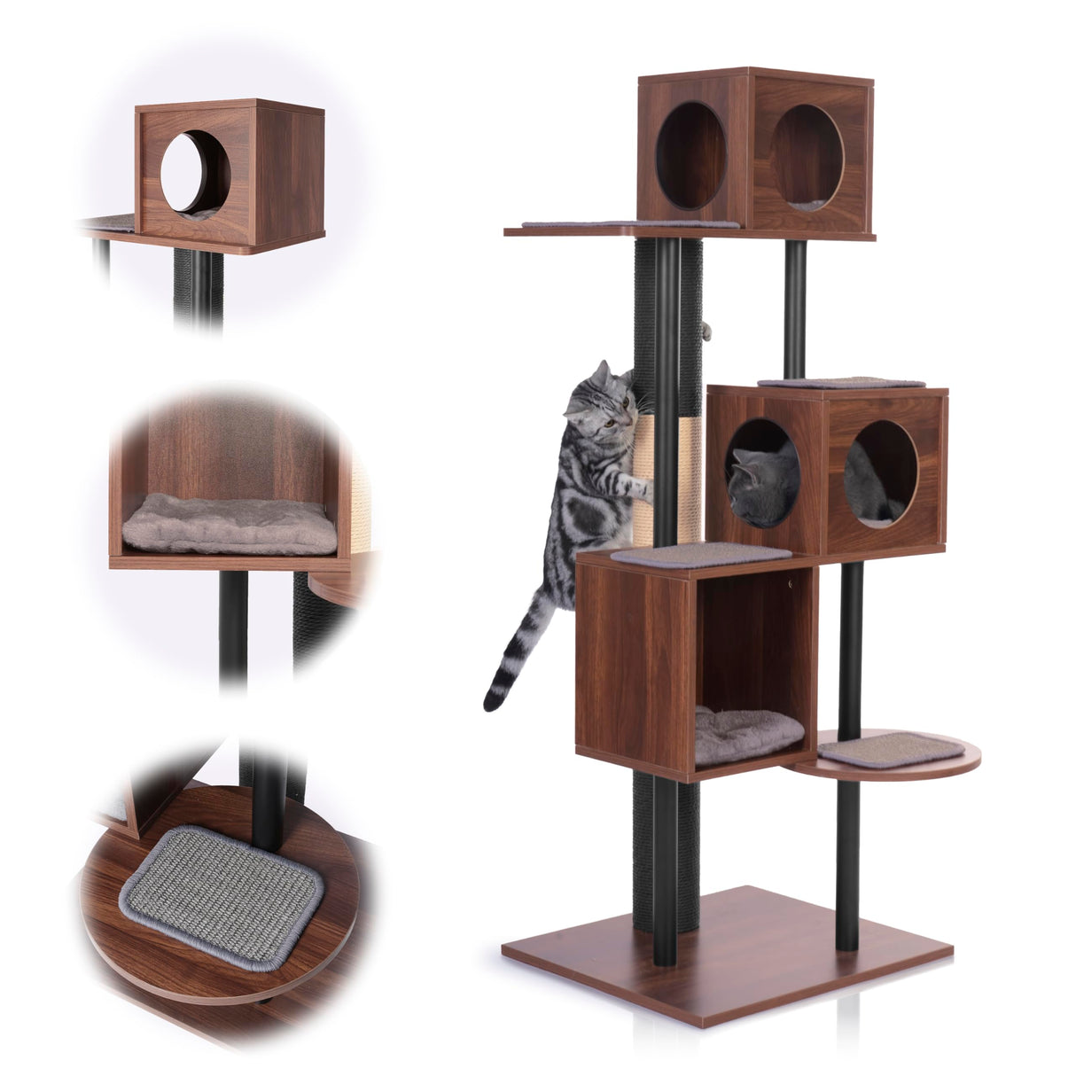 KONELCARE Modern Cat Tree-Sleek Wooden Furniture-Style Tower(60") Blends with Home Decor, Tallest Scratching Post(48"), 3 Cat Condos for Multi-Cat Harmony & Comfort KONELCARE