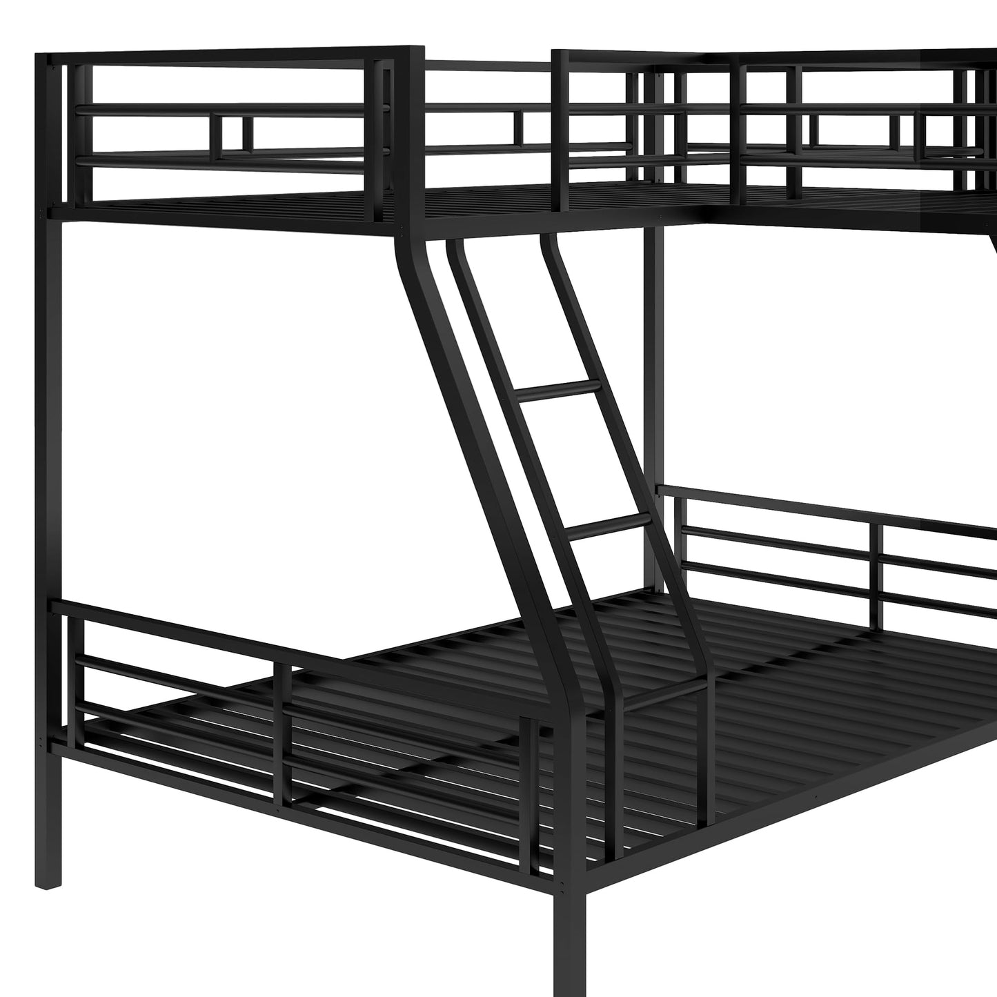 SOFTSEA Heavy Duty Metal Triple Bunk Bed, L Shaped Triple Bunk Bed with Desk, Bunk Beds Twin Over Full Size, Bunk Bed Frame with Guardrails and Ladder, No Box Spring Needed, Noise-Free, Black