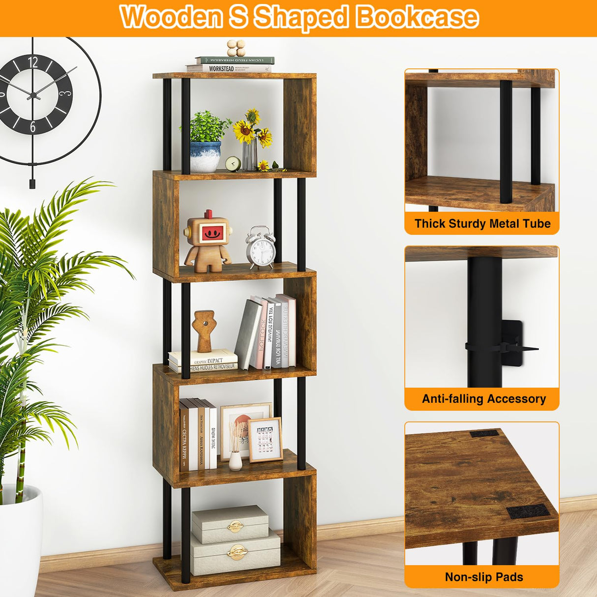IBUYKE 6-Tier Tall Bookshelf,S-Shaped Geometric Bookcase, Wood Display Shelves with Storage,Industrial Bookshelf for Living Room Bedroom, Home Office, Rustic Brown WBC016H IBUYKE