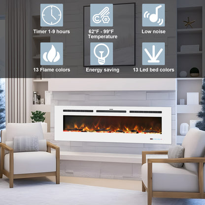 Kentsky 72 inches Electric Fireplace Inserts, Recessed and Wall Mounted Fireplace Heater, Linear Fireplace w/Thermostat, Touch Screen, Multicolor Flame, Timer, Log & Crystal, 750W/1500W, White