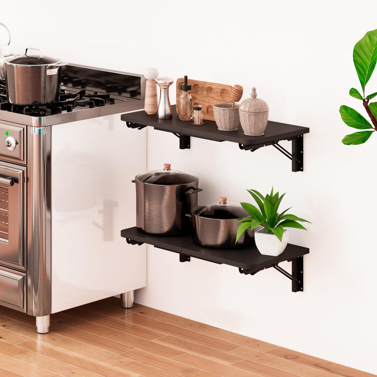 TEAMIX Wall Mounted Folding Table, Black Floating Desk for Small Spaces, Drop Leaf Dining Table for Kitchen Fold Down Laundry Shelf with Heavy-Duty Brackets TEAMIX