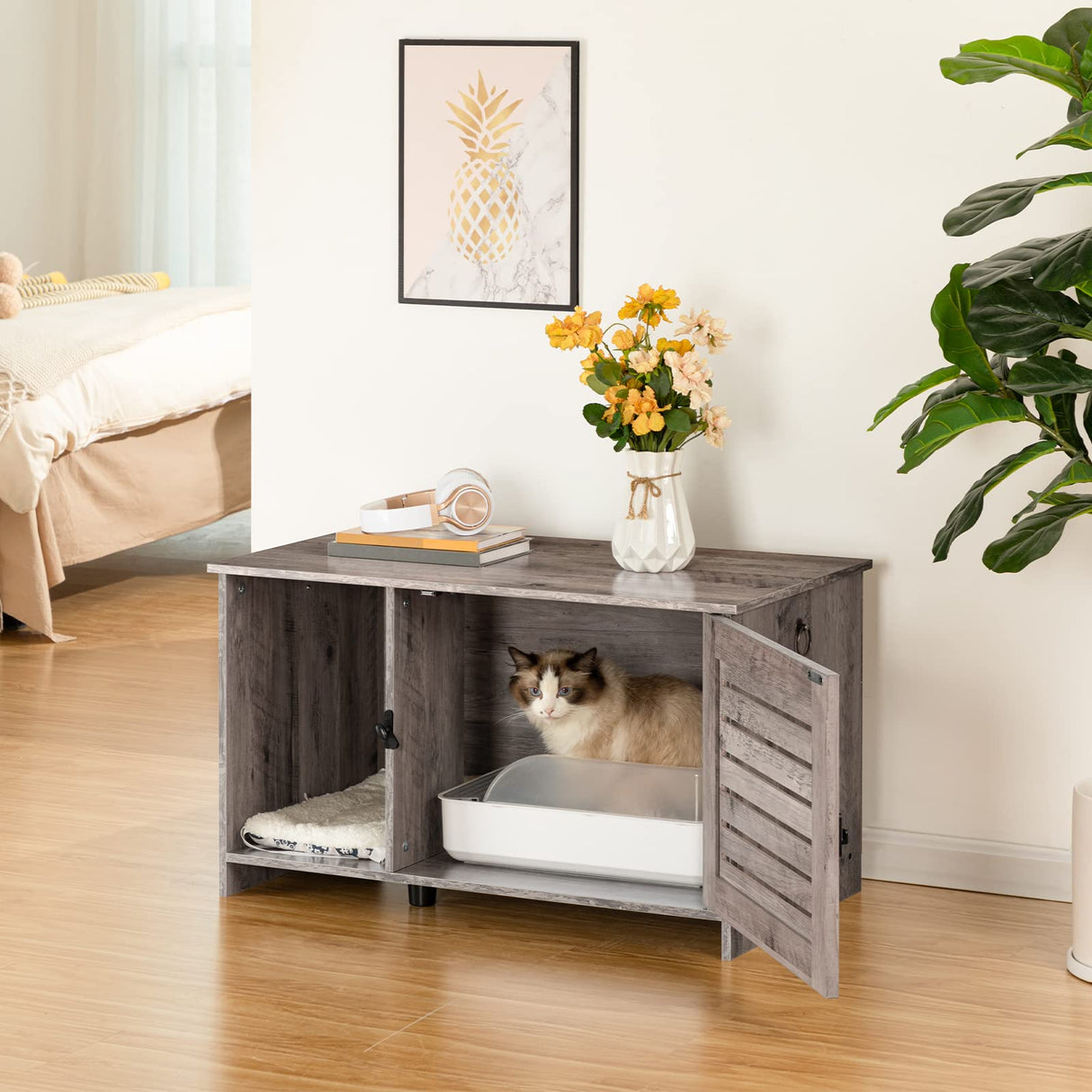 HOOBRO Cat Litter Box Enclosure, Hidden Cat Litter Box Furniture with Louvered Door, Spacious Hidden Cat Washroom with Divider, Cat Furniture Cabinet, 31.5" L x 17.7" W x 18.1" H, Greige BG07MW01 HOOBRO