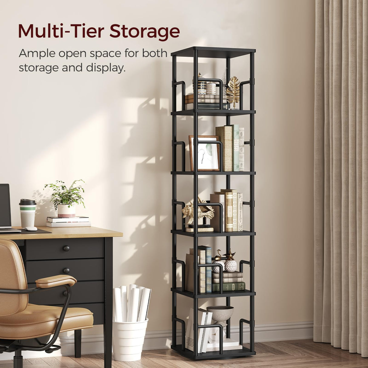 MAHANCRIS 5-Tier Rotating Bookshelf, Freestanding Corner Bookshelf, 360° Spinning Bookcase, Industrial Style Storage Rack with Rails, for Living Room, Bedroom, Study, Black BKBK1601 MAHANCRIS