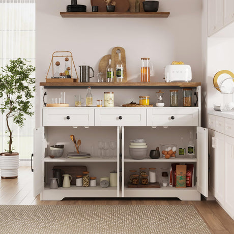 51" Farmhouse Buffet Sideboard Cabinet with Storage, White Kitchen Storage Pantry Cabinet with Drawers, Wood Cupboard Hutch Cabinet, Coffee Bar Station Table for Kitchen, Living Room, Dining Room FiveWillowise