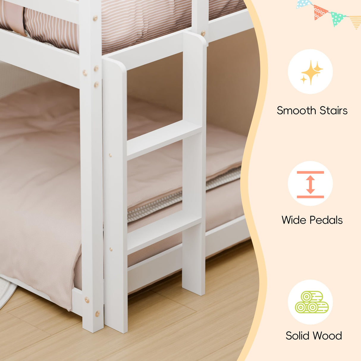 MU Twin Bunk Bed with Slide, Wood Low Bunk Bed Frame with Climbing Ladder & Safety Guard Rail, Floor Loft Bed with Lower Storage Space for Kids Toddler, White MU