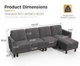 KKL L Shaped Sectional Couches for Living Room, Corduroy Sofa Couch with Convertible Chaise, 4 Seat Comfy Couch for Apartment, House, Dark Grey (Grey, 100 inches) KKL