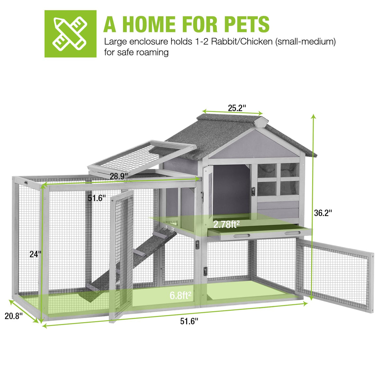 GUTINNEEN 51.6" L Chicken coop Outdoor Rabbit Hutch Indoor Bunny Cage Expandable Duck House(Grey) GUTINNEEN