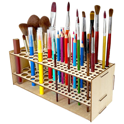 HESHUYU Wooden Paint Brush Holder 105 Holes Paintbrush Holder Organizer Paint Brush Stand Rack with Silicone Rings for Pens Pencils Artist