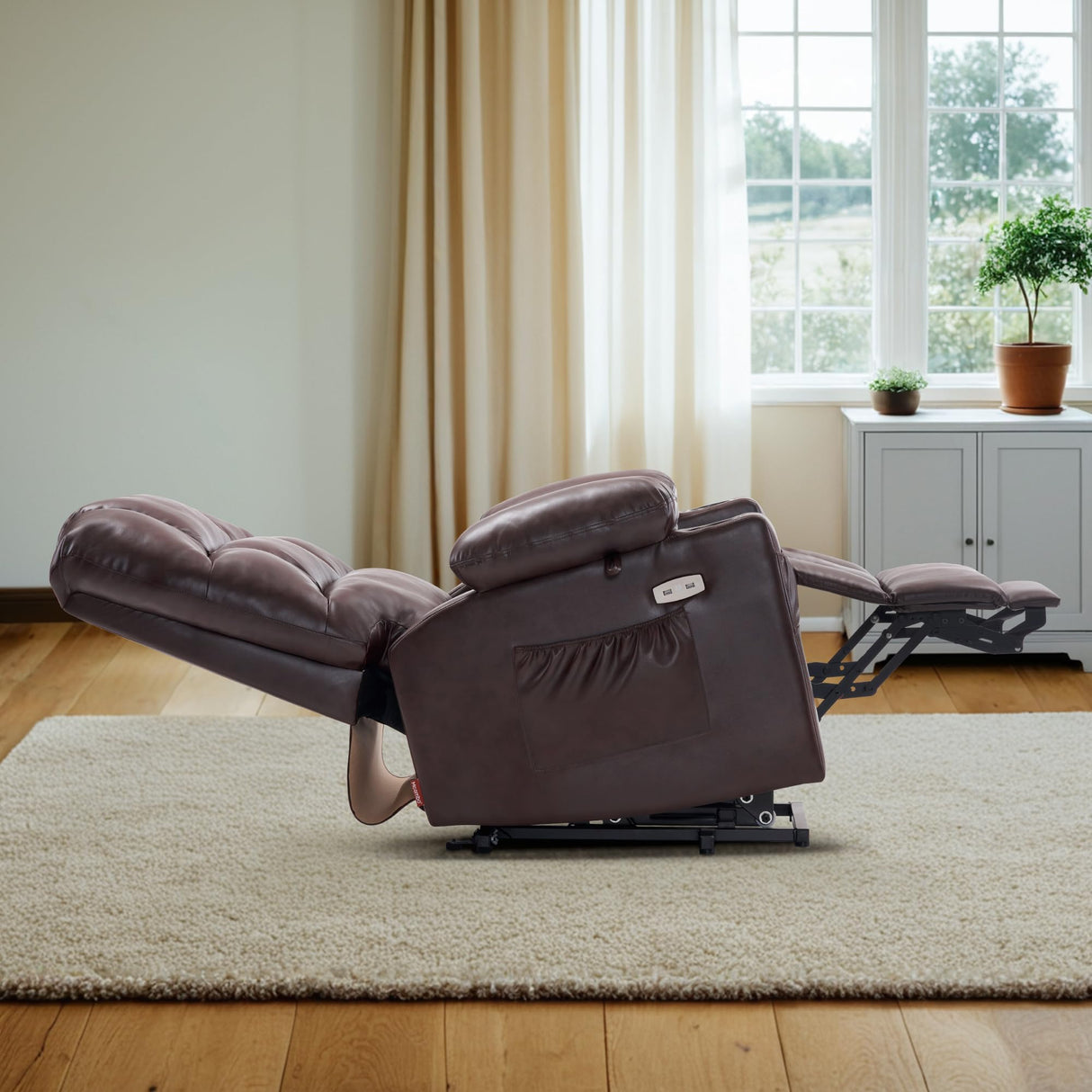 MCombo Large Lay Flat Dual Motor Power Lift Recliner Chair Sofa with Massage and Heat for Elderly People, Infinite Position, Faux Leather 7680 (Dark Brown, Large) MCombo