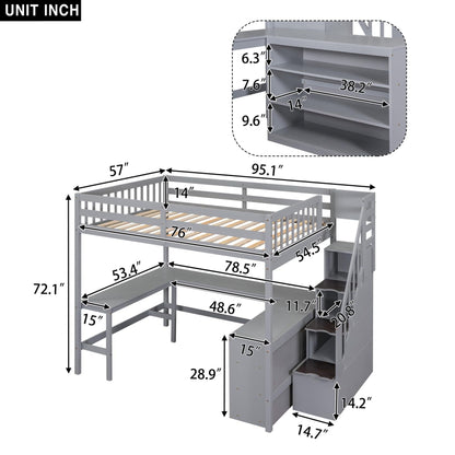 Merax Wood Full Size Loft Bed Frame with Built-in L Shaped Desk & 3 Storage Shelves & Attached Storage Stairs for Kids, Full-Length Guardrail, No Box Spring Needed, Grey