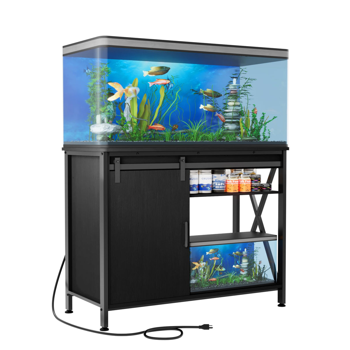 Aquarium Stand for 40-75 Gallon Fish Tank: Tank Stand Table with Power Outlet for Aquarium kit - Metal Fish Stand Cabinet with Storage for 40-75 Gallon Reptile Turtle Terrarium (Black, 40-50 Gallon) FILKO