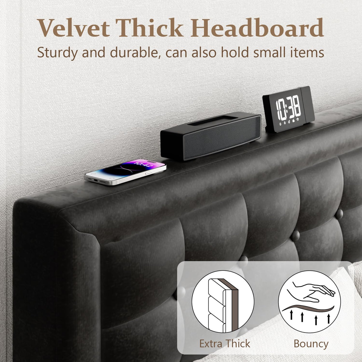 CXVX Queen Size Bed Frame with Headboard, Platform Bed Frame with Velvet Upholstered Button Tufted Headboard, Wood Slats Support, No Box Spring Needed, Mattress Foundation, Easy Assembly, Black CXVX