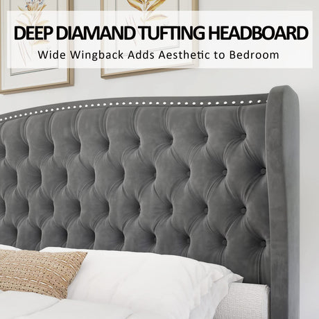 AMERLIFE King Size Platform Bed Frame, Velvet Upholstered Bed with Deep Button Tufted & Nailhead Trim Wingback Headboard/No Box Spring Needed/Grey AMERLIFE