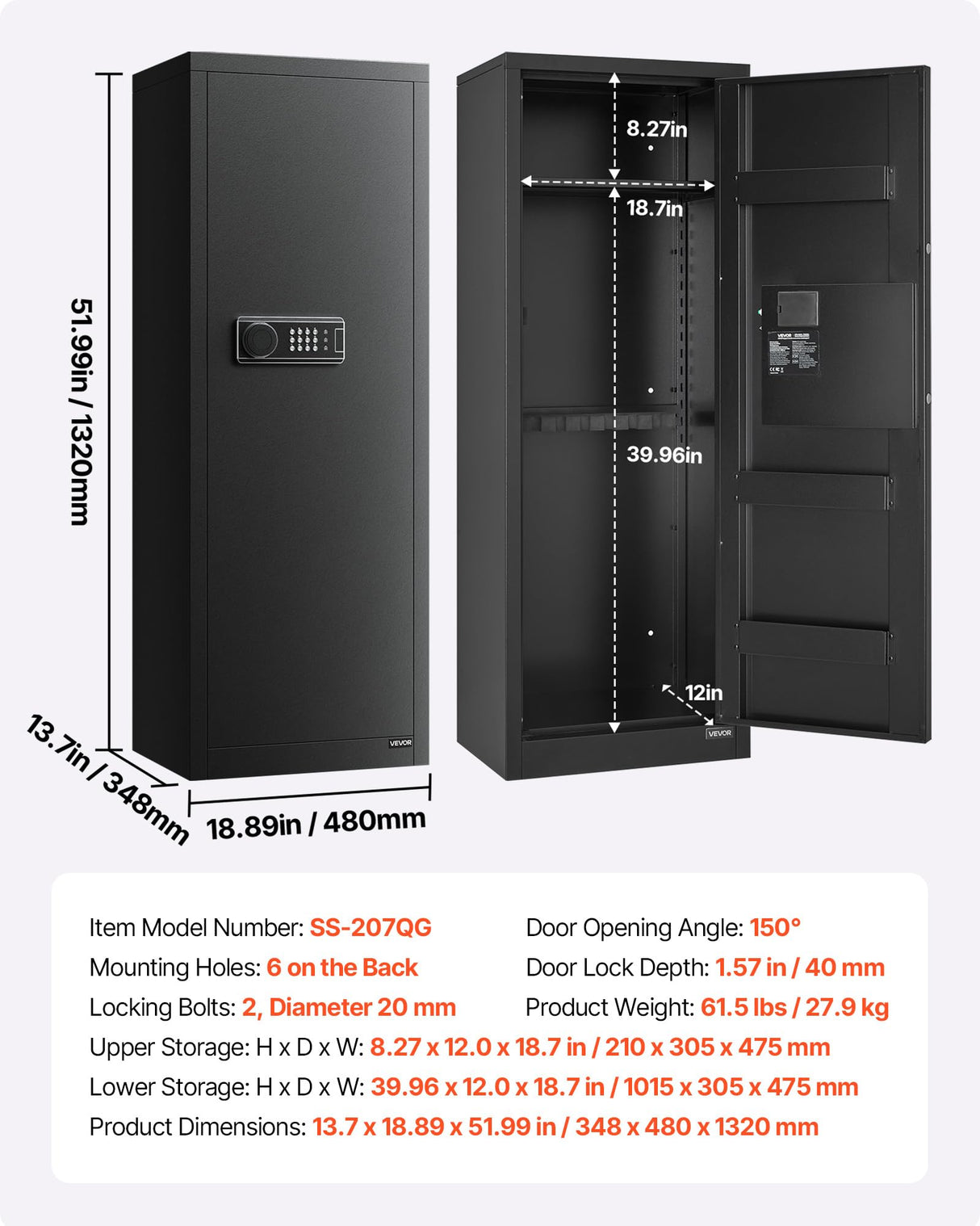 VEVOR 6-8 Gun Safe, Long Gun Cabinet for Rifles and Pistols, Quick Access Rifle Safe with 3 Ammo Slots and 2 Adjustable Racks, Large Digital Cabinet with Key and Password Lock VEVOR