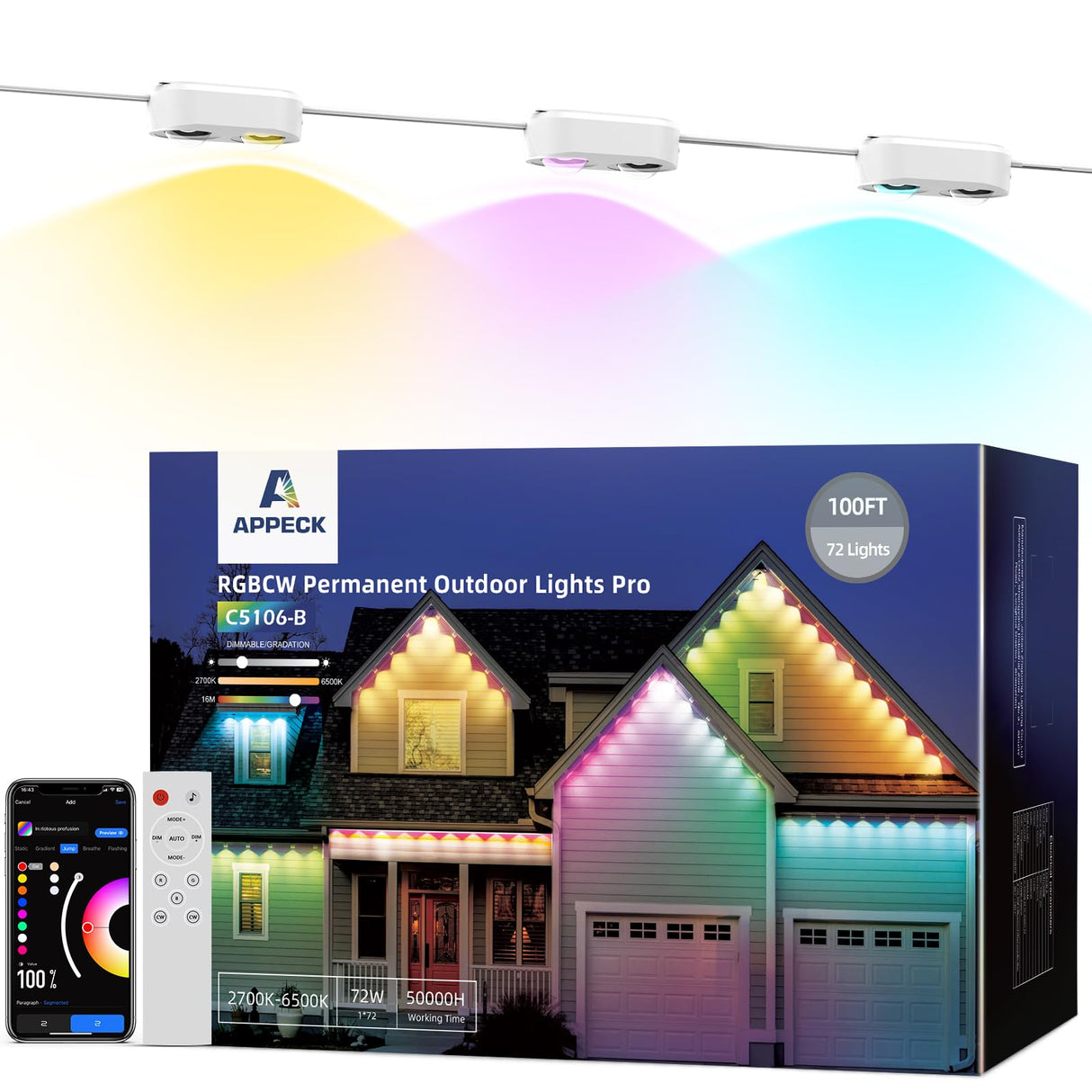 APPECK Permanent Outdoor Lights Pro 100ft, RGBCW Smart Eaves Lights with 72 LED Lights, Dual Lens, Cuttable, 111 Scene Modes, IP67 Waterproof Lighting for Holiday Decoration, Work with Alexa, White APPECK