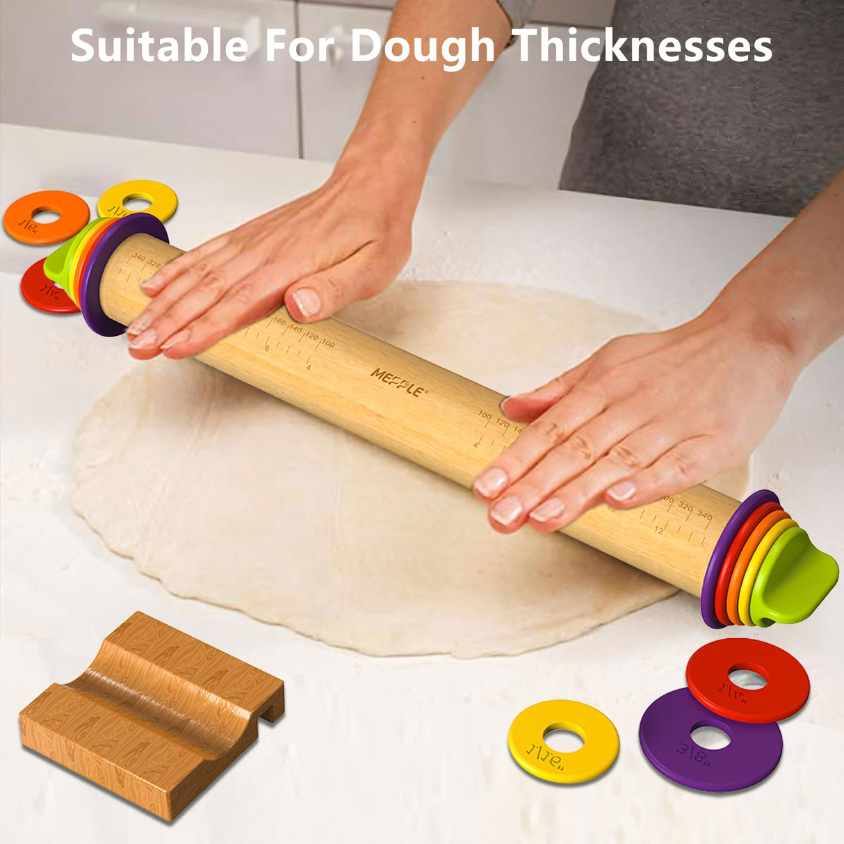 Mepple Rolling Pin with Thickness Rings and Pastry Baking Mat, 13.6" Adjustable Wood Rolling Pin Dough Roller for Baking Cookie Pizza, Comes with Large Silicone Pastry Mat and Wooden Stand Mepple