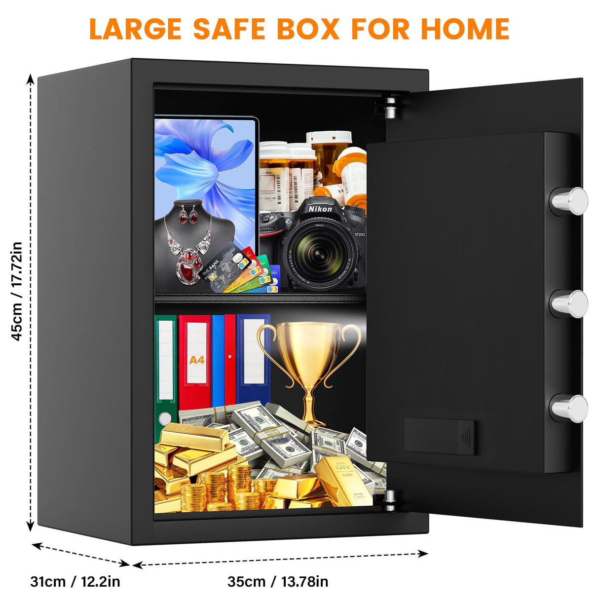 3.0 Cub Large Home Safe Fireproof Waterproof, Digital Firep roof Safe Box With Fireproof Bag, Combination Lock and Alarm Systerm, Fire Safes for Home Documents Money Valuables Bukumo