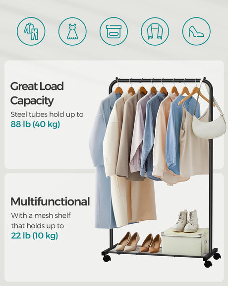 SONGMICS Clothes Rack with Wheels, Clothing Rack for Hanging Clothes, 25.4 mm Metal Garment Rack with Dense Mesh Storage Shelf, 110 lb Load Capacity, 2 Brakes, Black UHSR25BK SONGMICS