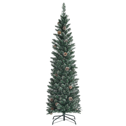 Goplus 5ft Artificial Pencil Christmas Tree, Snow Flocked Slim Xmas Tree W/ 25 Pine Cones, Folding Metal Stand, 214 PVC Branch Tips, Snowy Pine Tree for Home Office Indoor Décor