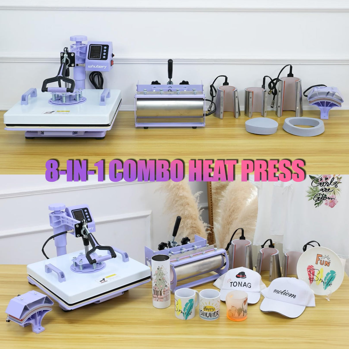 Whubefy 15x15 Heat Press Machine for T Shirts 8 in 1 Combo with 30oz Tumbler Press, Slide Out & Swing Away, Dual Tube Fast Heating, 3 Preset Modes & Counting Function for Bulk DIY Hats, Mugs, Plates Whubefy