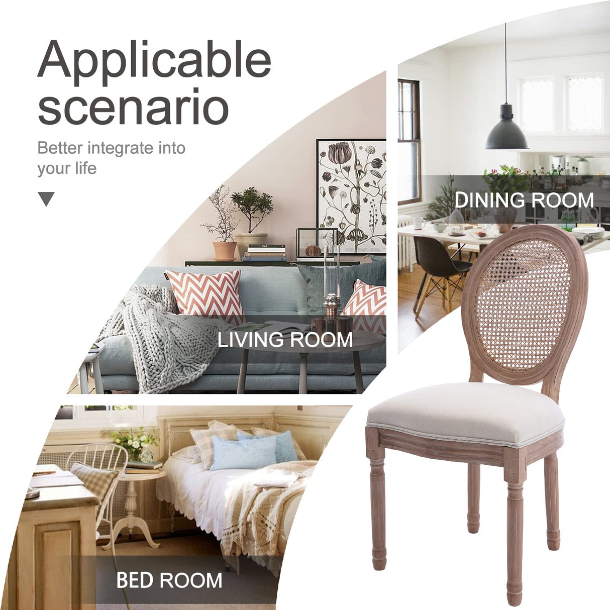 Virabit French Dining Chairs Set of 6, Rattan Farmhouse Upholstered Dining Chairs with Curved Backrest and Beautifully Carved Solid WoodFrame for Living Room, Kitchen, Restaurant Virabit