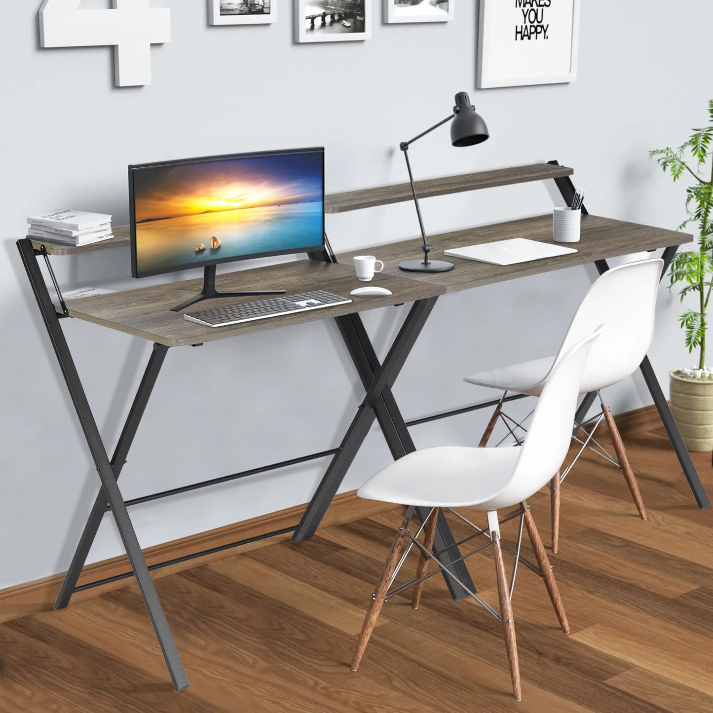 Folding Desk, 31.9 Inch Foldable Writing Table 2 Tier, Computer Desk for Home Office Study, Metal Frames/Wood Table Top, Space Saving, No Assembly Required, Brown - WoodArtSupply