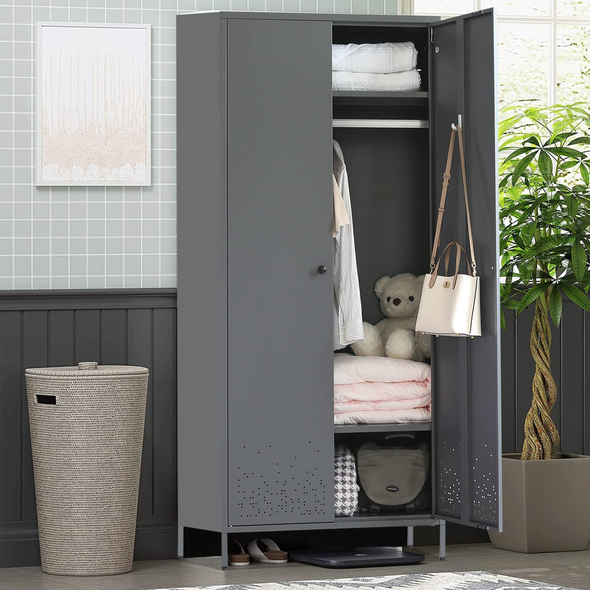 Metal Storage Cabinet with Hanging Rod, Wardrobe Armoire Closet for Bedroom, Laundry Room CJF