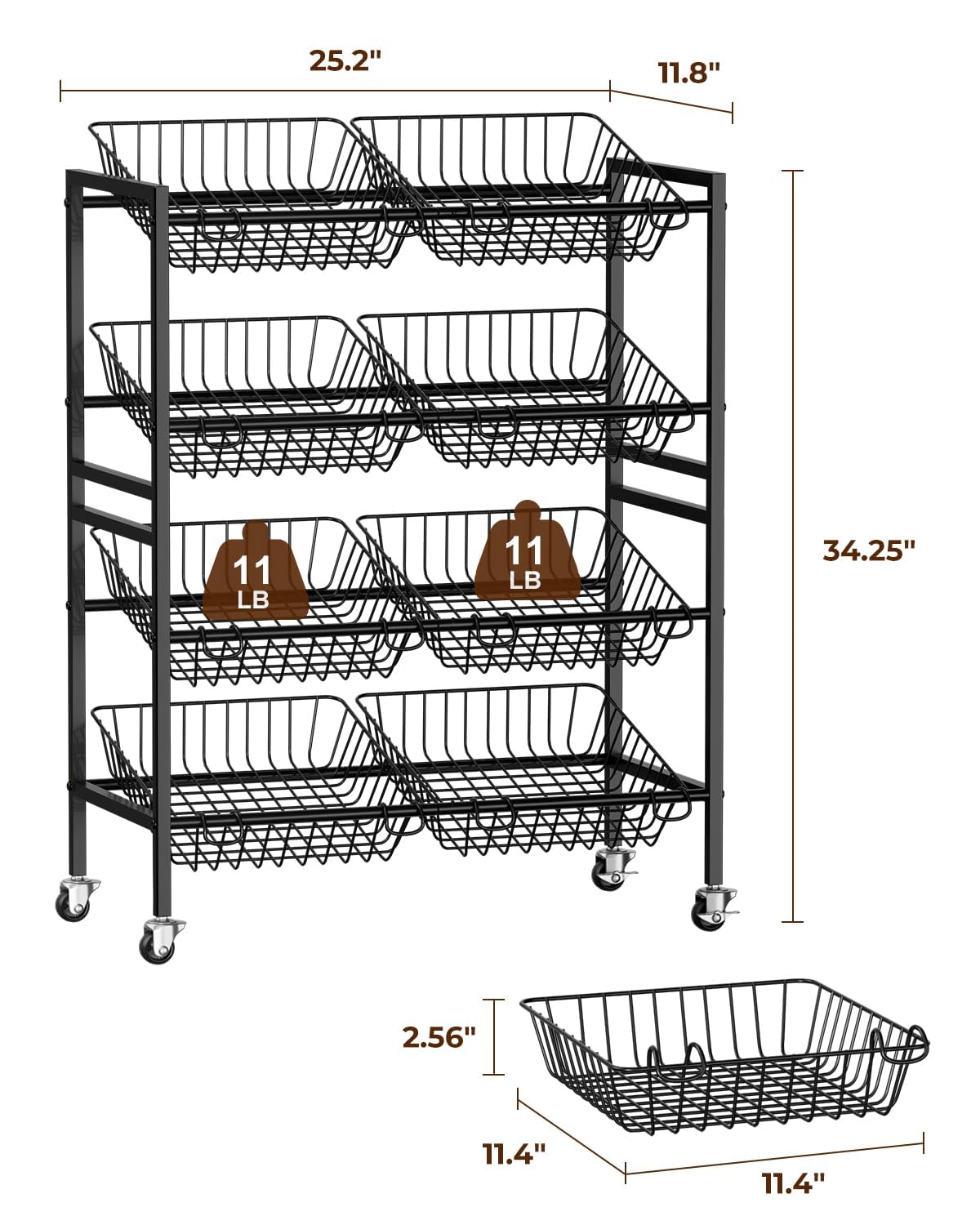 Evermagin Kitchen Storage Cart, Rolling Snack Cart, 25.2''W 4 Tier Fruit Basket Stand, Metal Pantry Storage with Stackable Wire Basket, Black Evermagin