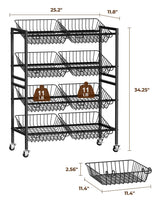 Evermagin Kitchen Storage Cart, Rolling Snack Cart, 25.2''W 4 Tier Fruit Basket Stand, Metal Pantry Storage with Stackable Wire Basket, Black Evermagin
