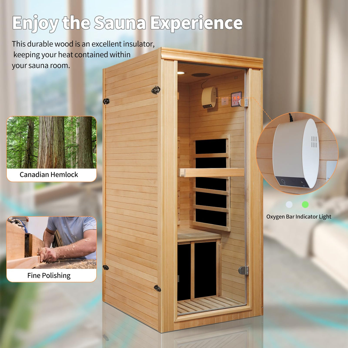 Indoor Sauna Infrared 1 Person Saunas Home Canadian Hemlock 980W Low-EMF Dry Sauna 5 Ultra-Low Energy Saving Heating Panels, Built-in LCD Control Panel, Speakers, Reading Lights and Circulation Vents RIGO