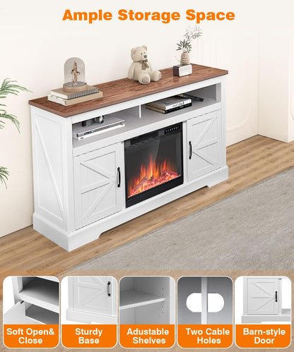 Cowsar 60" Fireplace TV Stand Mantel Wood Surround Firebox, Freestanding Fireplace Heater, Adjustable Led Flame, Remote Control, 750W-1500W, White