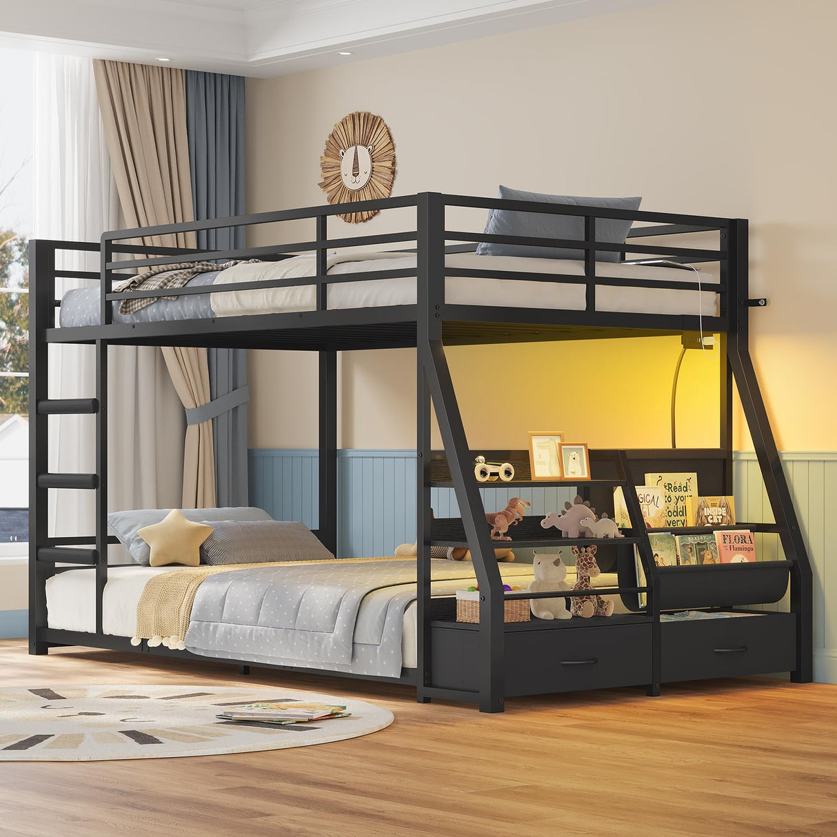 ADORNEVE Low Bunk Bed Twin Over Twin with Storage Bookshelves, 2 Drawers & Power Outlet, LED Metal Floor Bunk with Full-Length Guardrail & Metal Slats, No Box Spring Needed, for Kids, Black ADORNEVE