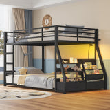 ADORNEVE Low Bunk Bed Twin Over Twin with Storage Bookshelves, 2 Drawers & Power Outlet, LED Metal Floor Bunk with Full-Length Guardrail & Metal Slats, No Box Spring Needed, for Kids, Black ADORNEVE