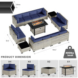 Sweecci 15-Piece Patio Furniture Set, Outdoor Patio Furniture with 55,000 BTU Fire Pit Table, Thick Cushions, Modular Patio Sofa, Dual-Strand Wicker Rattan, Rust-Resistant Frame, Navy Blue Sweecci