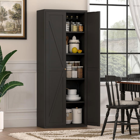 IRONFFICE Metal Storage Cabinet,Morden Pantry Cabinets for Kitchen Storage with Doors and Shelves,Tall Pantry Storage Cabinet for Living Room,Dining,Black IRONFFICE