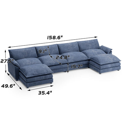 Shahoo Sectional Modular Sofa U Shaped Chenille Fabric Couch with High Supportive & Soft Sponges and Removable Ottoman, Sleeper Comfy Upholstered Furniture for Living Room, Blue