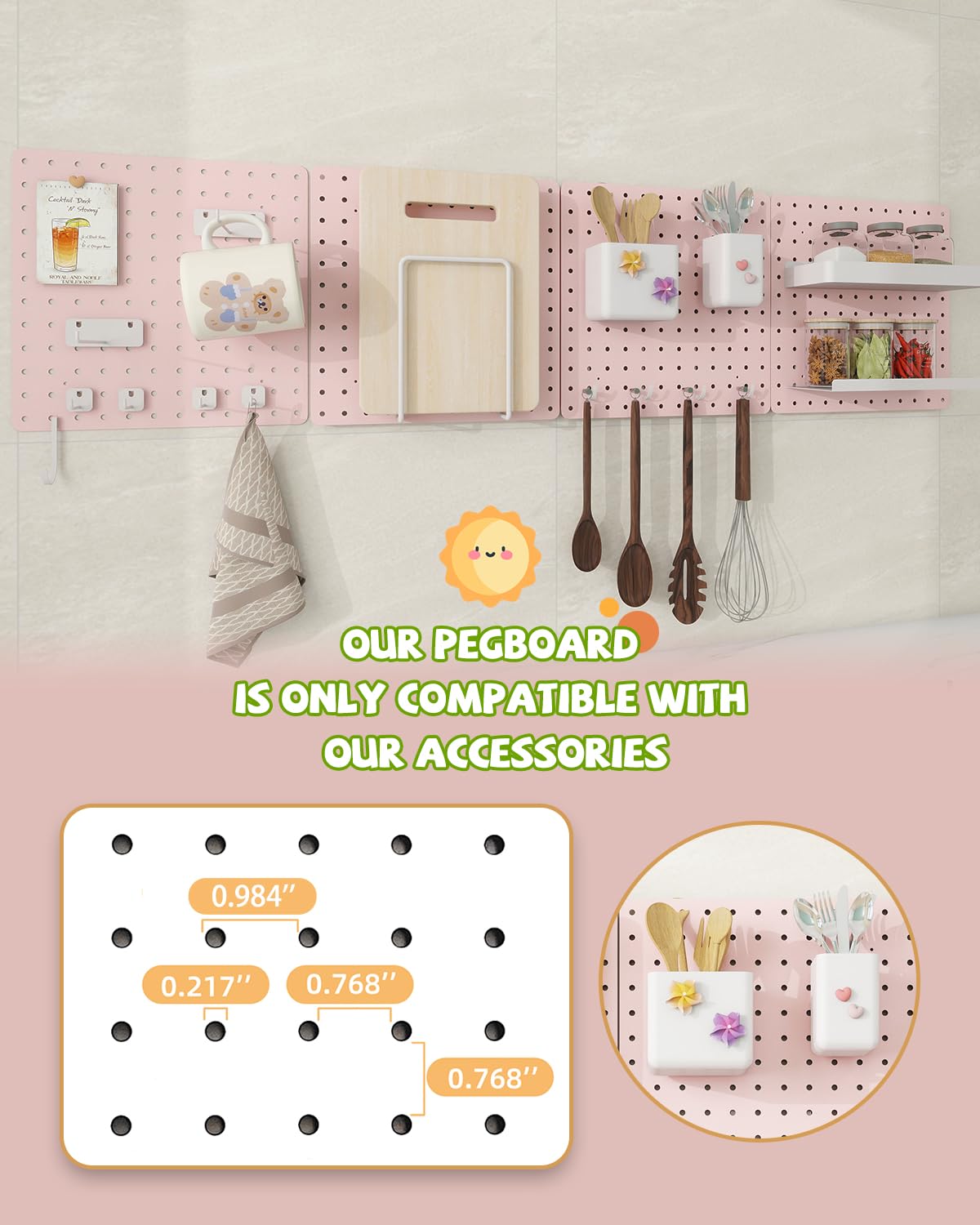 Soubeoii Metal Pegboard Combination Kit — 4 Carbon Steel Pegboards with 26 Accessories, Pegboard Wall Organizer for Home, Office, Study Room, Kitchen, Garage & Craft Room — 24″ × 24″ Pink Peg Board Soubeoii