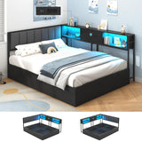 Hasuit Corner Full Lift Up Storage Bed Frame with Charging Station & LED Lights, Full Day Bed with Upholstered Headboard and Bookcase, Corner Beds with Hydraulic for Kids Teens Guests, Black Hasuit