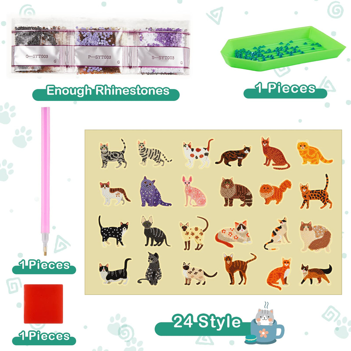 Hungdao 24 Pcs 5D DIY Diamond Sticker Painting Creative Sticker Kids Painting Kits Resin Rhinestone Gem Art Kits for Kids Adult Activity New Year Party Gifts (Cat) Hungdao